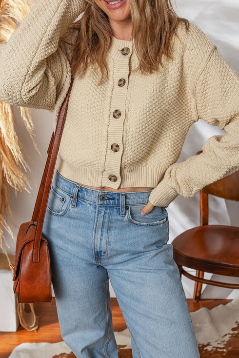 Textured Button Front Drop Shoulder Cropped Crewneck Cardigan